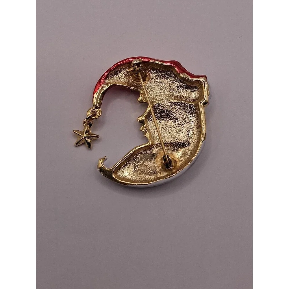 Vintage Crescent Moon Santa Claus Brooch Pendant‎ Gold Tone Metal Enamel 2